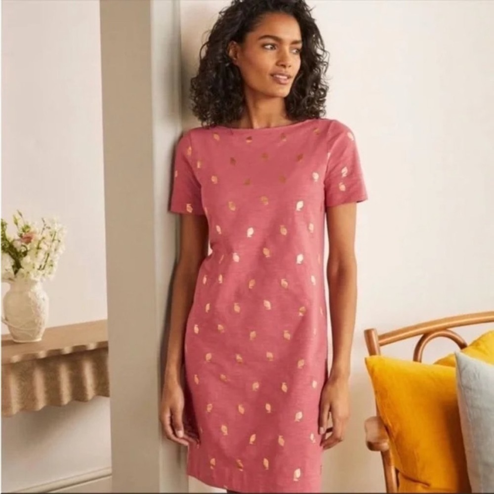 Boden dare you Jersey Short Sleeve Shirt Dress in Pink‎ Gold Print Size 10 R